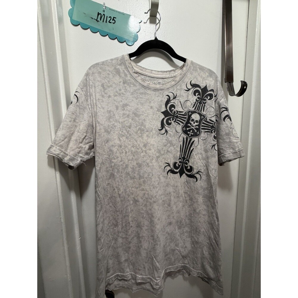 Affliction Men’s XL Regular Fit Gray/Black Skull Graphic Logo Crew Neck T-Shirt